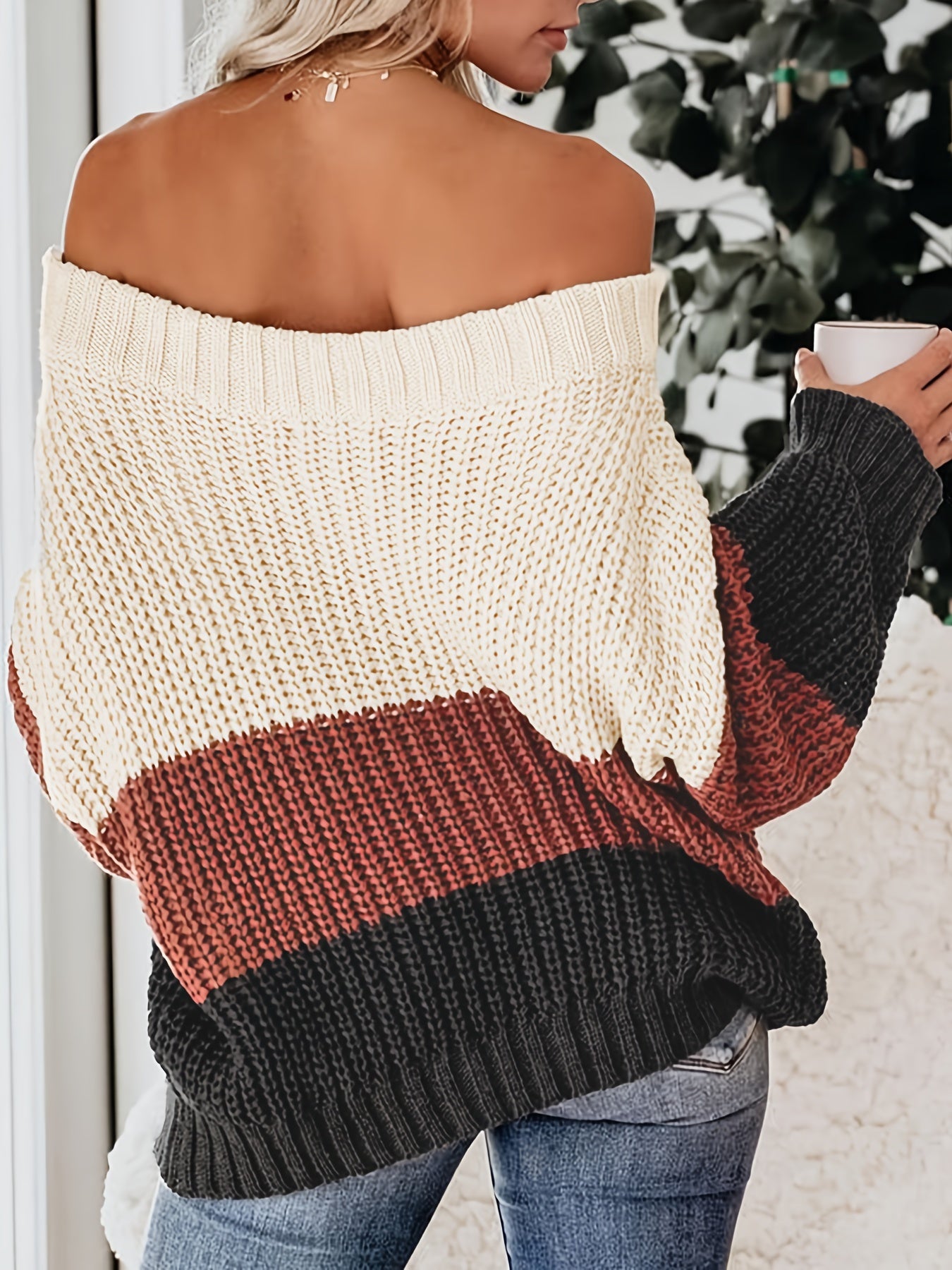 Colorblock Off Shoulder Sweater Long Sleeve Jumper