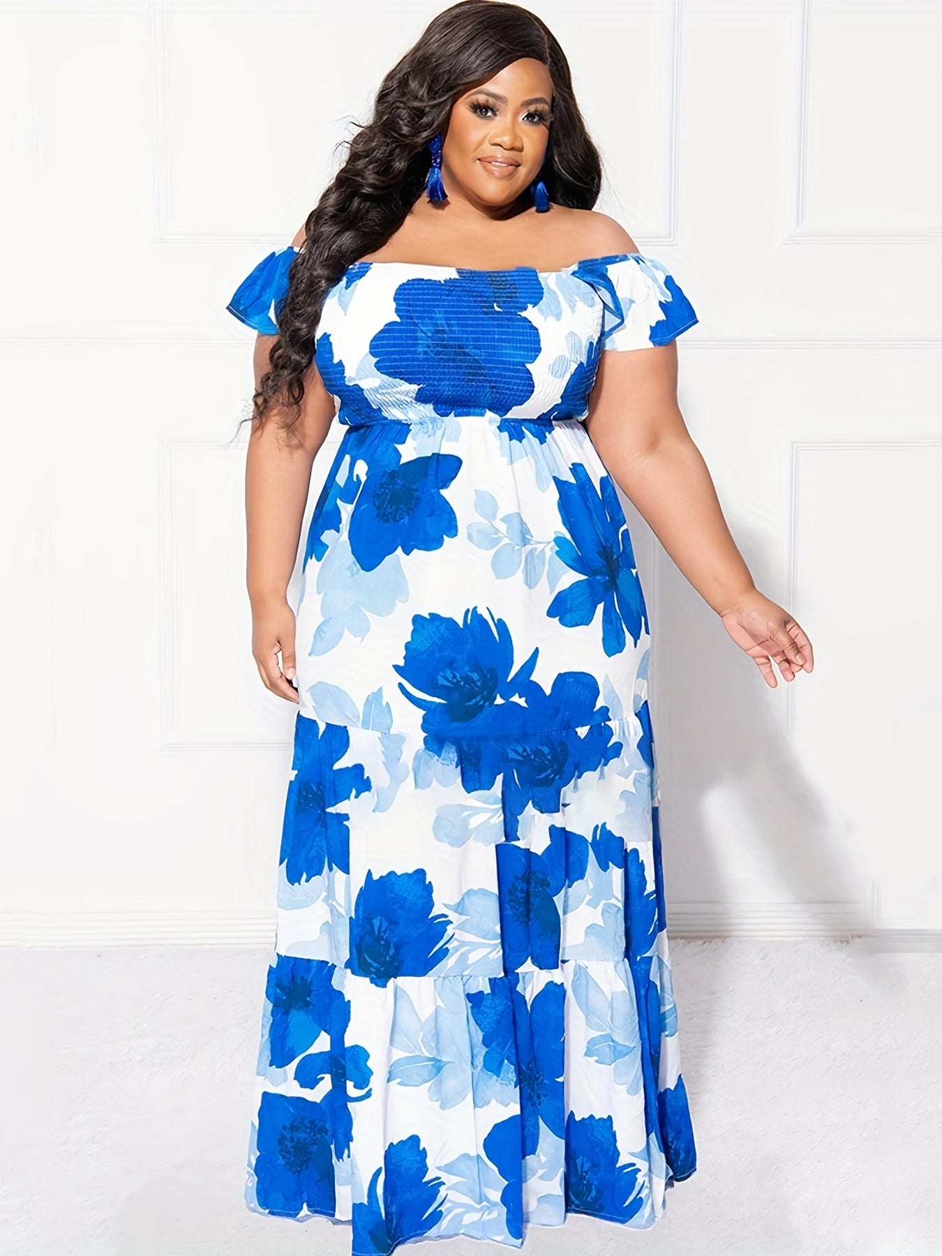 Floral Print Off Shoulder Maxi Smock Dress