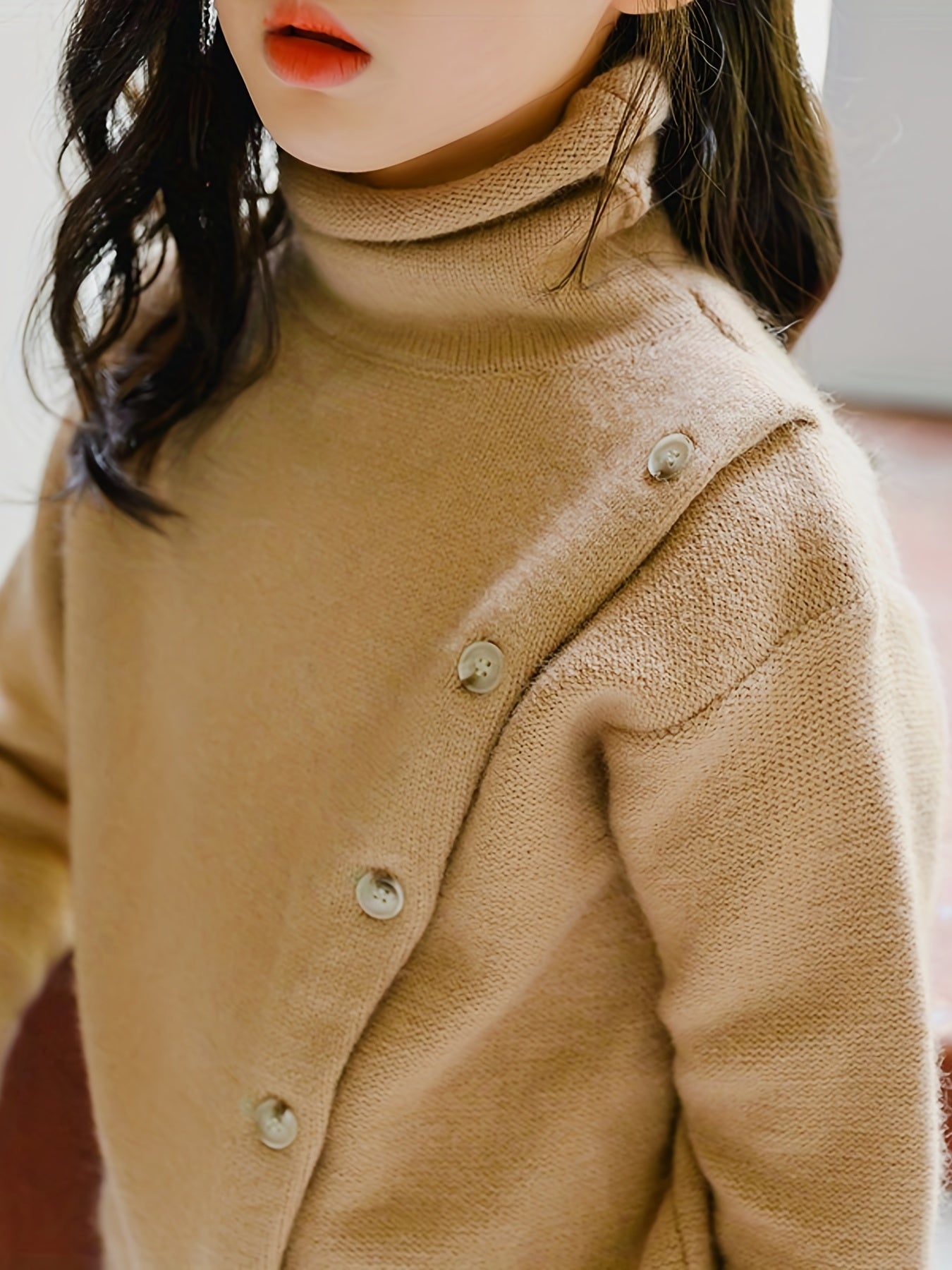Girls Knitted High Neck Sweater Button Warm Pullover for Fall Winter Party