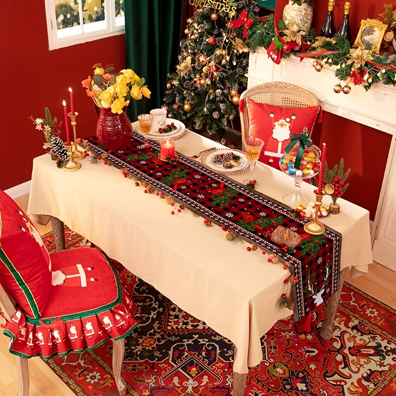 Red Checkered Christmas Table Runner Linen Winter Holiday Farmhouse Style Dining