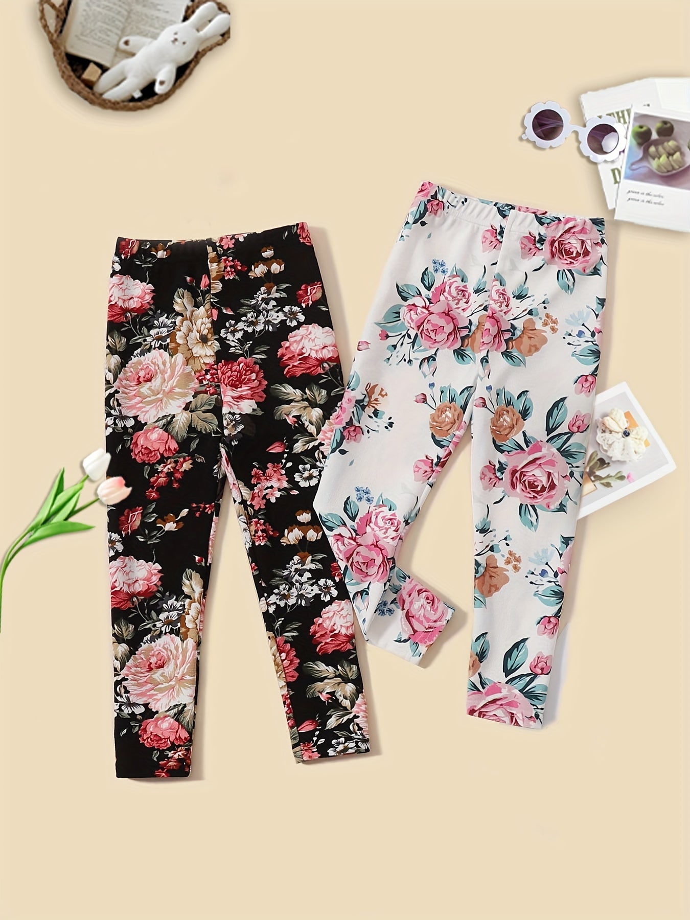 2pcs Girls' Stretchy Legging Pants Set With Floral Print