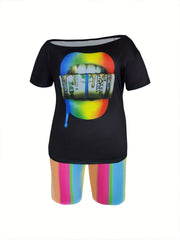 Off Shoulder Top & Shorts Set - Graphic Print 2 Piece Set