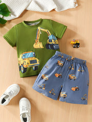 2pcs Toddler Boys Excavator Graphic T-Shirts & Shorts Set