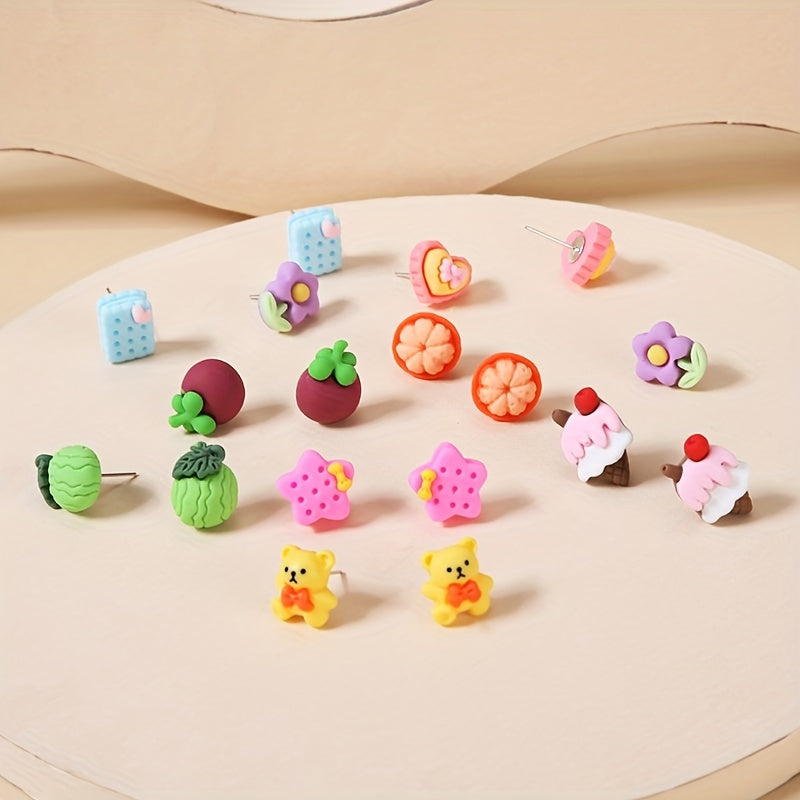 9 Pairs Small Fruit Animal Star Heart Flower Hypoallergenic Stud Earrings Set