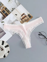 5pcs Lace Trim Ribbed Thongs Soft & Comfy Intimates Panties Women's Lingerie