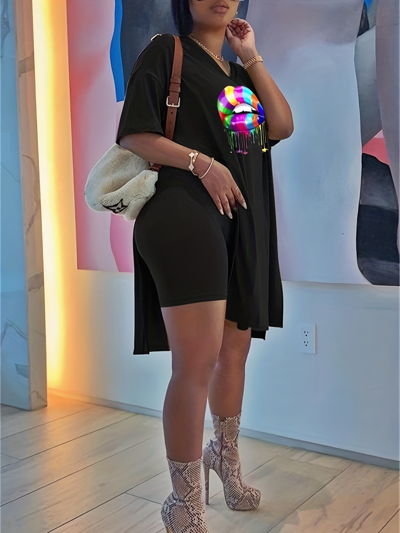Lips Print Two Piece Set Short Sleeve T Shirt & Shorts Casual Outfit