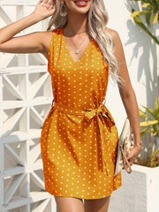 Polka Dot Tie Front Dress V Neck Sleeveless