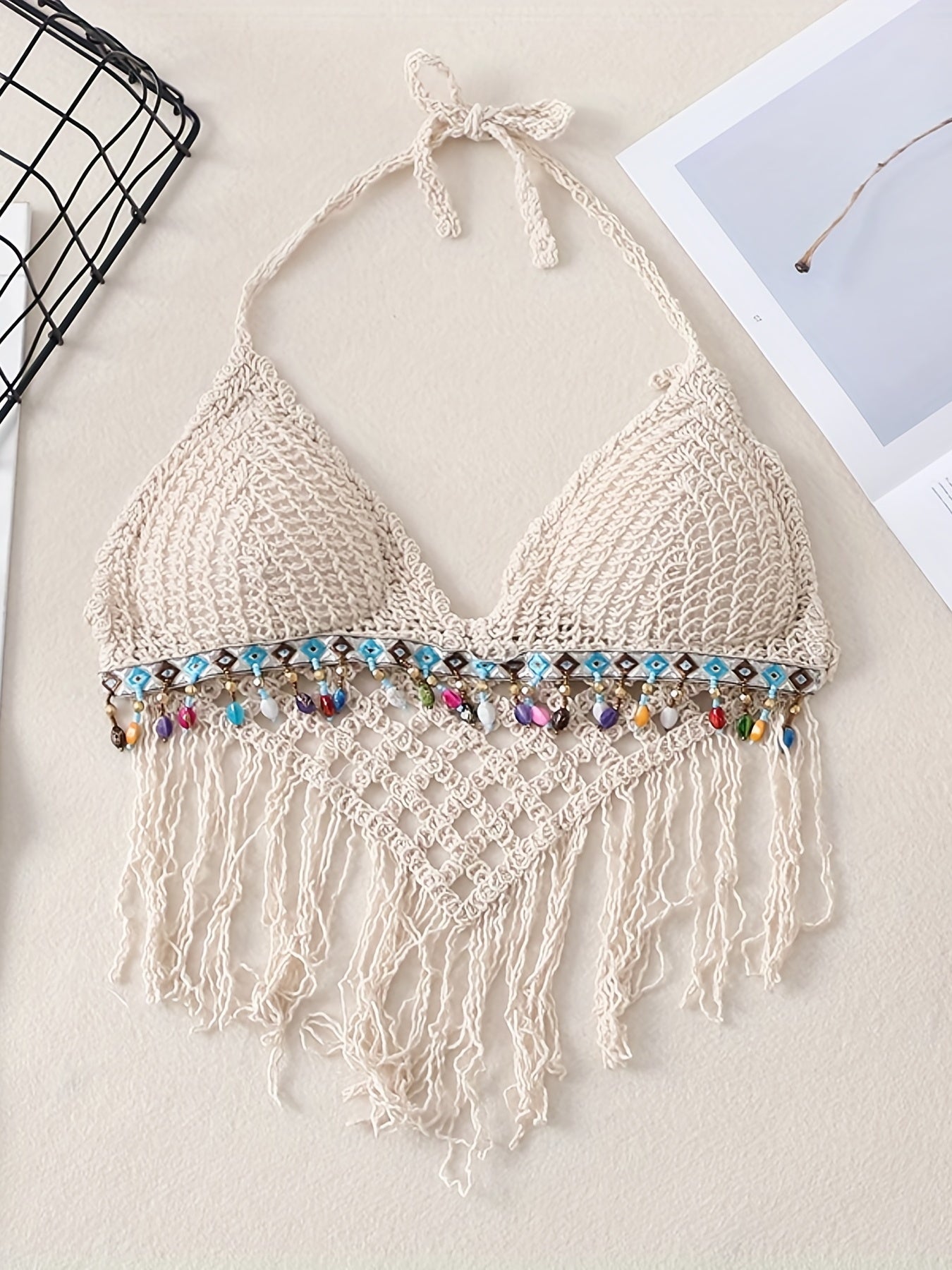 Solid Tassel Halter Top Sleeveless Crop Top Women's Clothing