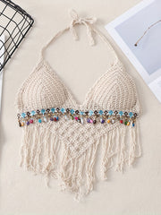 Solid Tassel Halter Top Sleeveless Crop Top Women's Clothing
