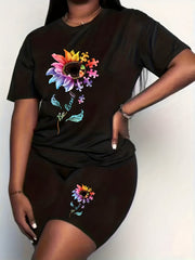 Women's Plus Sunflower Print Top & Shorts Two Piece Set