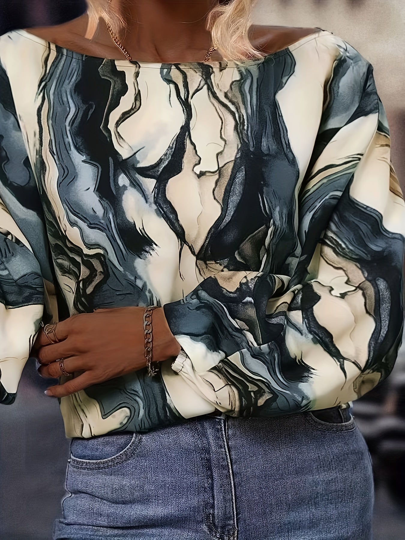 Marble Print Lantern Sleeve Casual Blouse