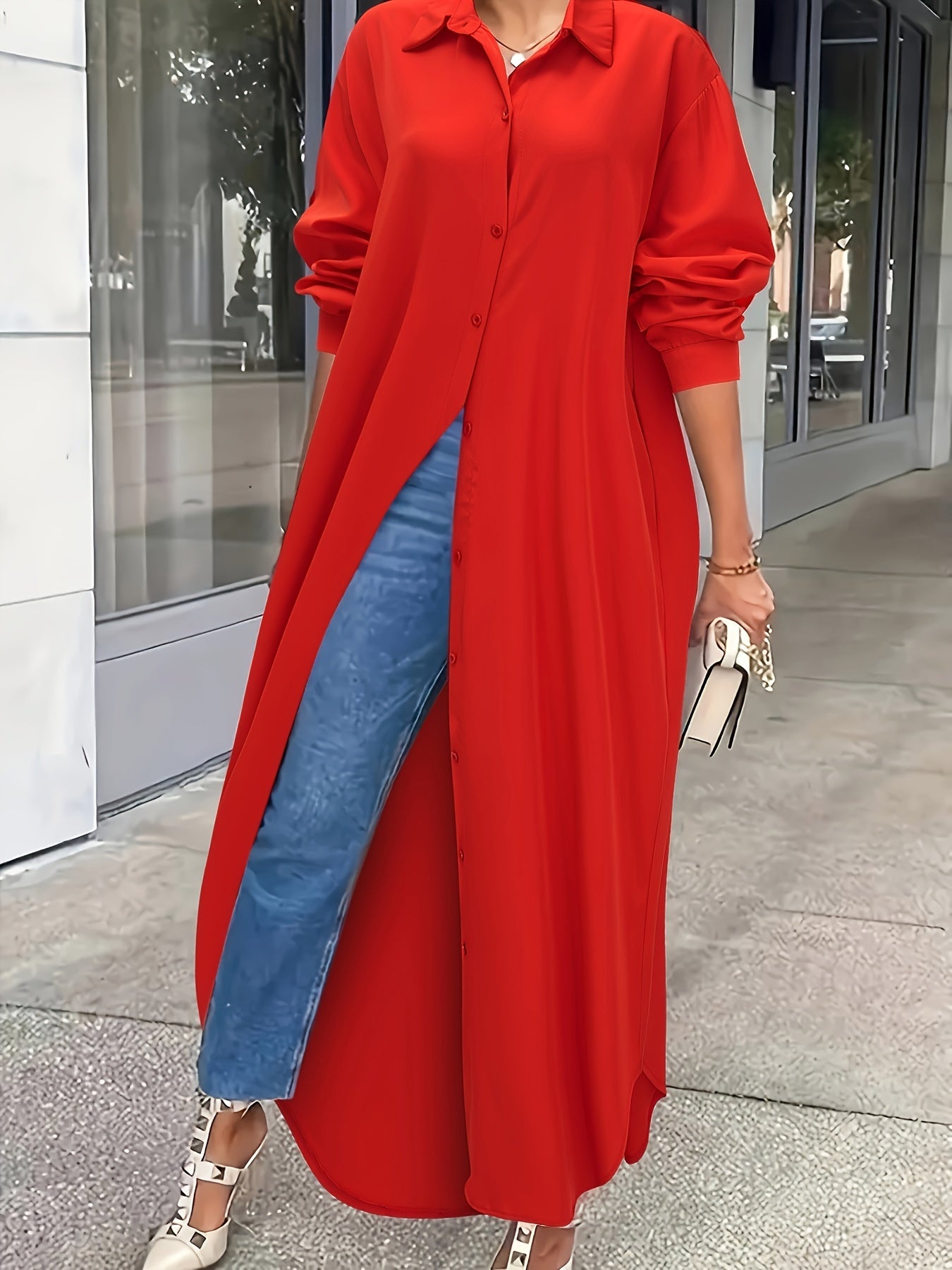 Solid Button Up Long Sleeve Shirt Dress