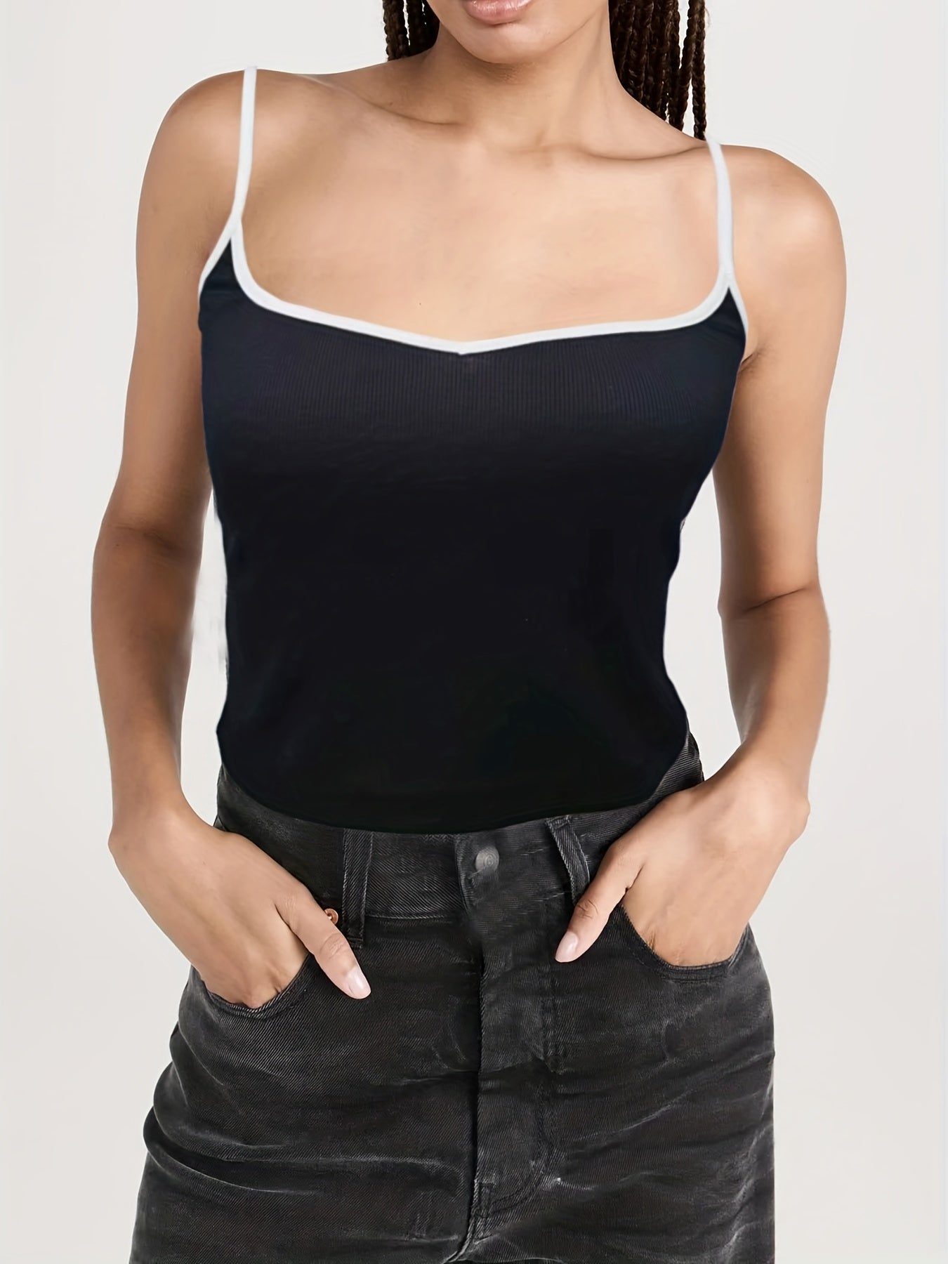 Contrast Trim Ribbed Cami Top Sleeveless Summer Casual Top