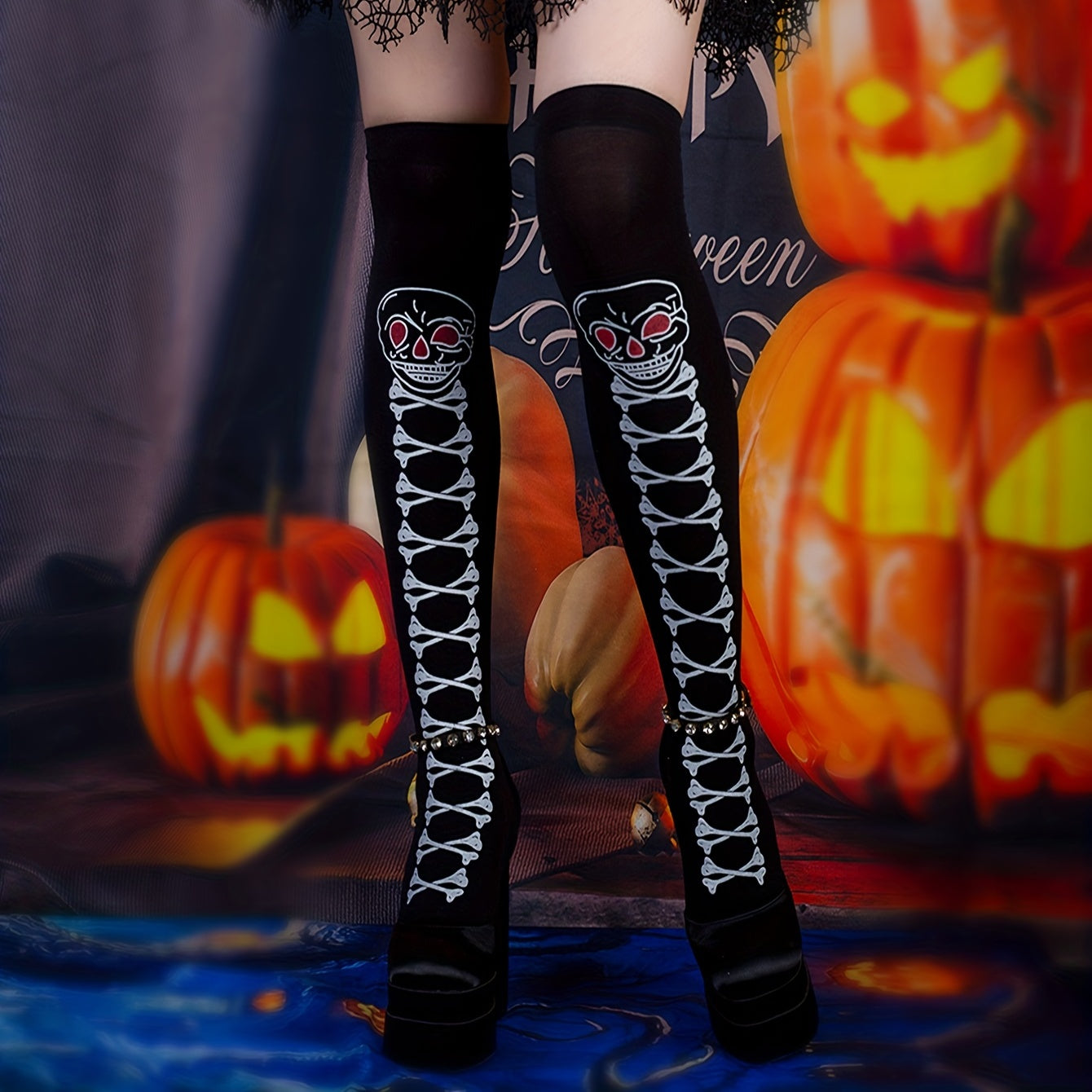 Skull Print Over The Knee Socks Y2K