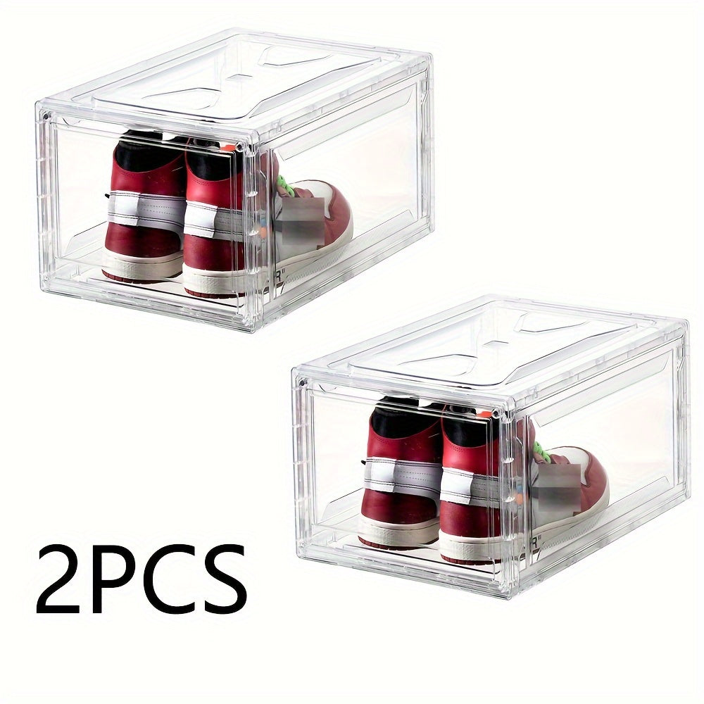 2pcs Transparent Shoe Boxes With Door Stackable Shoe Rack Plastic Organizer