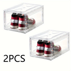 2pcs Transparent Foldable Shoes Storage Box Stackable Dustproof Basket