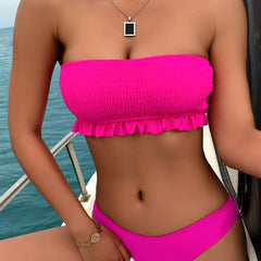 Frill Tube Top Smocked Fabrics High Cut Two Piece Swimsuit