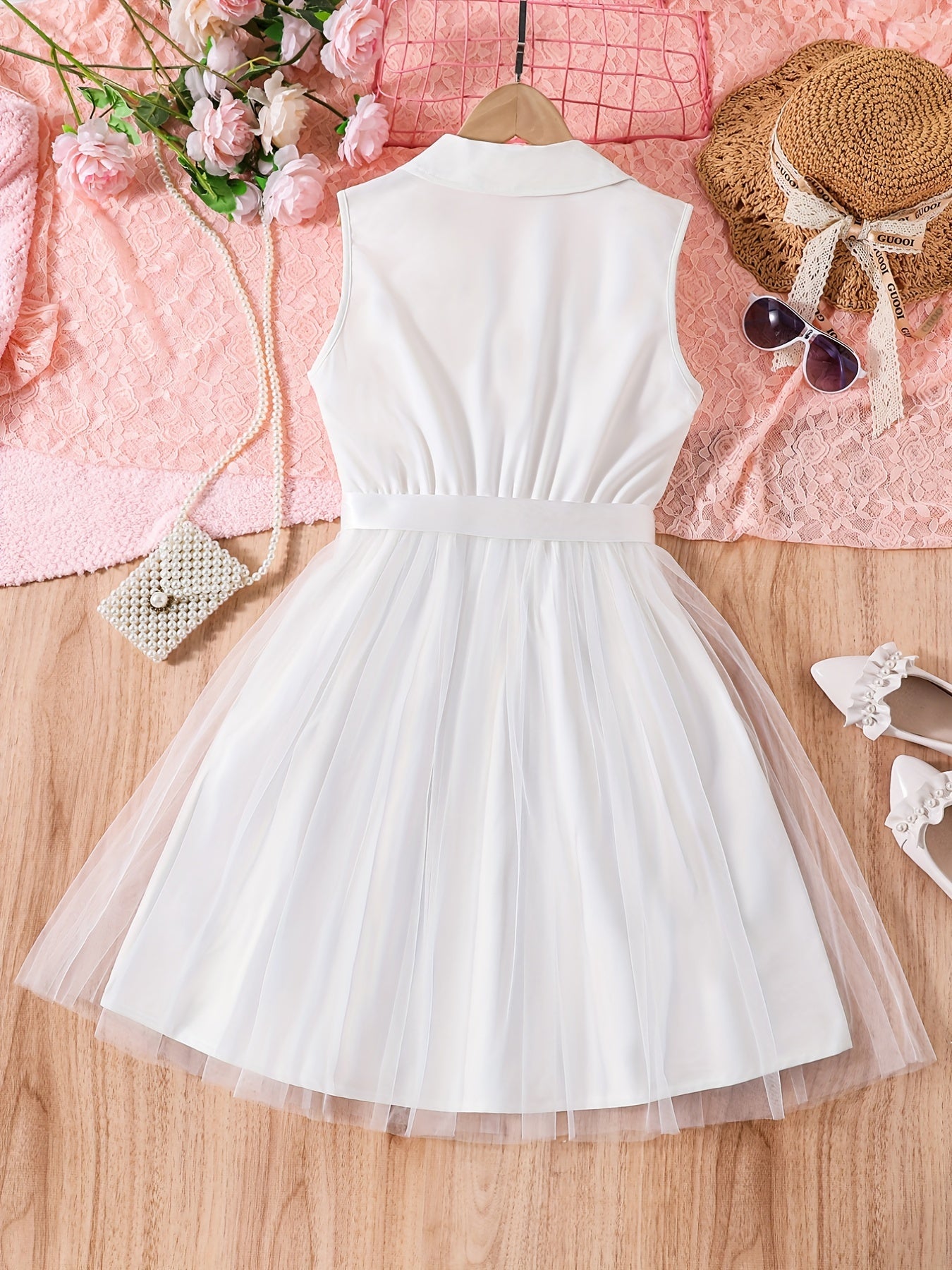 Girls Lapel Collar Sleeveless Shirt Dress Casual Outfit