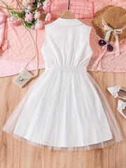 Girls Lapel Collar Sleeveless Shirt Dress Casual Outfit
