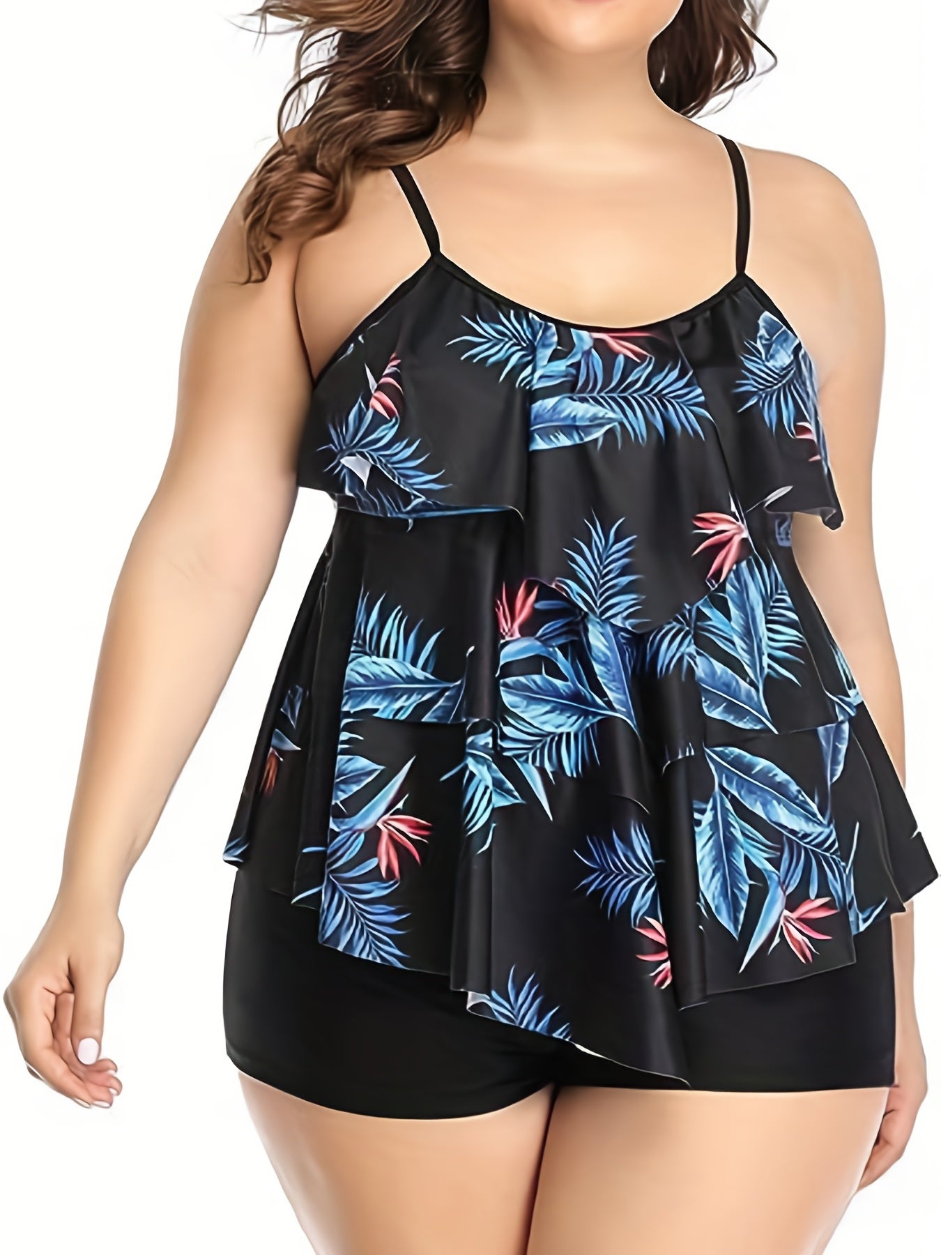 Tropical Print Ruffle Trim Tankini Set