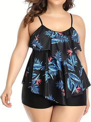 Tropical Print Ruffle Trim Tankini Set
