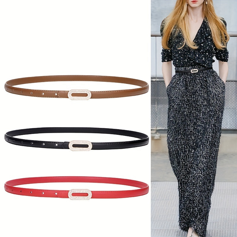 Vintage Thin Leather Belt with Rhinestone Inlaid Long Buckle