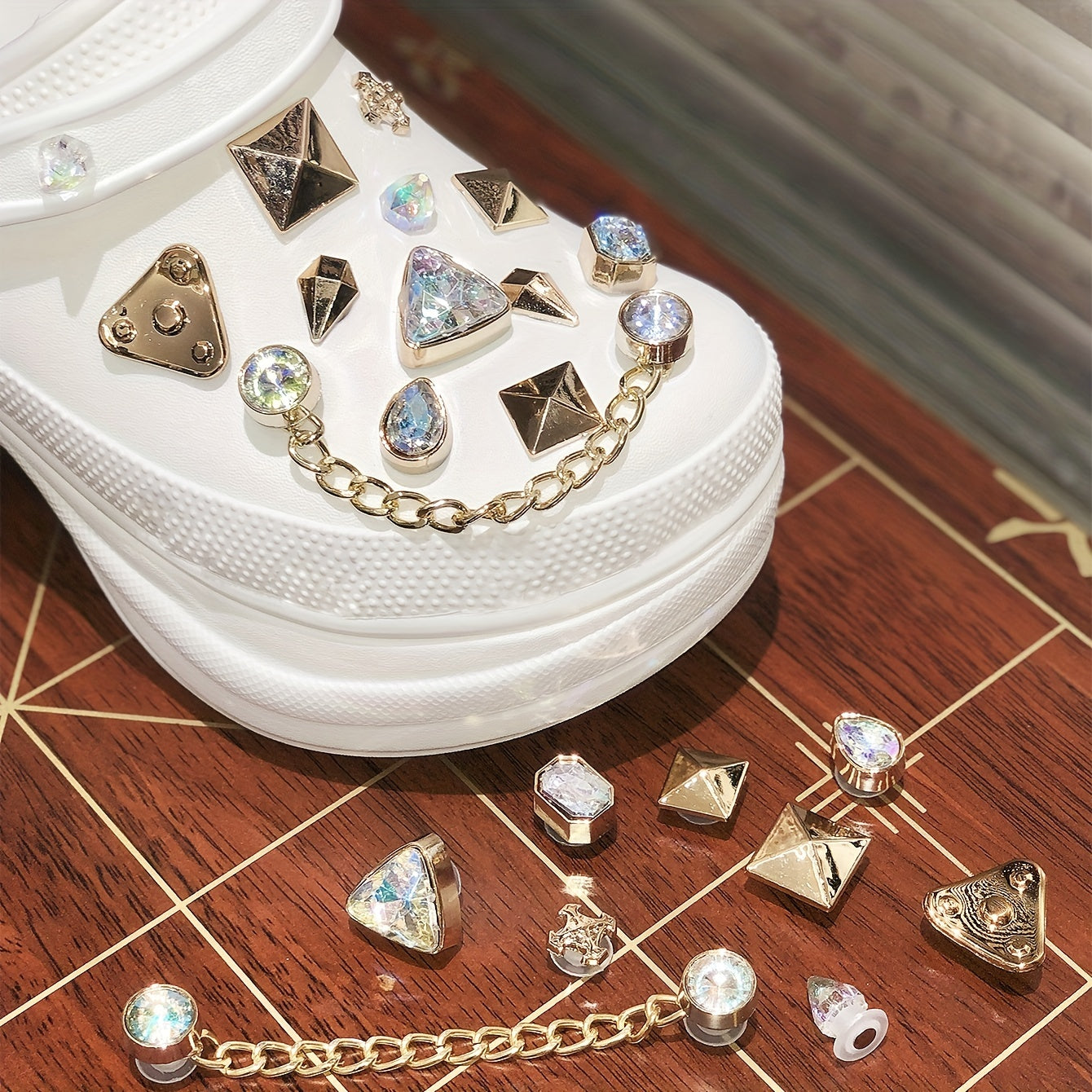 26pcs Punk Rhinestones & Chain Shoe Charms For Clogs Garden Shoes DIY