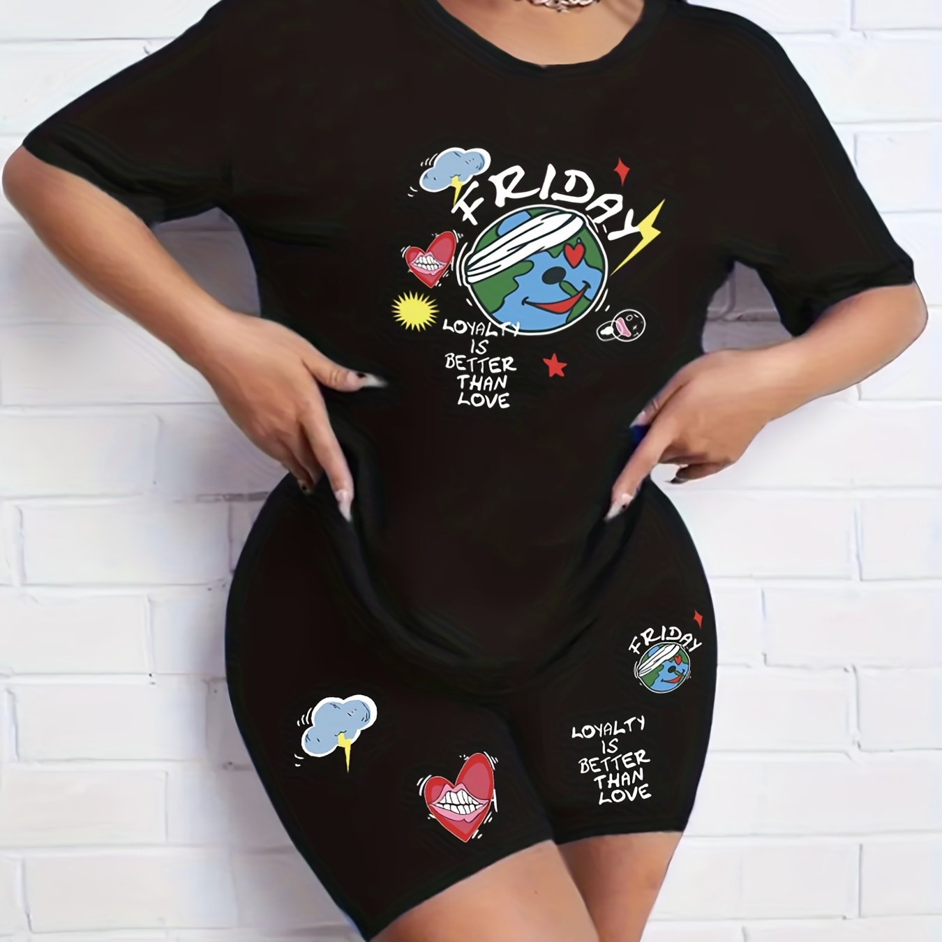 Cartoon Print Casual Two-piece Set Tee & Shorts Outfit