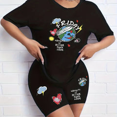 Cartoon Print Casual Two-piece Set Tee & Shorts Outfit