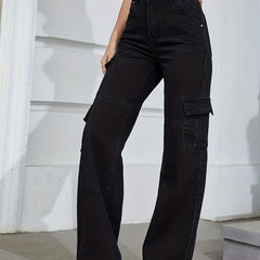 High Rise Solid Loose Denim Cargo Pants