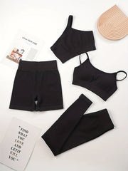 4PCS Seamless Yoga Set One Shoulder Top & High Waist Leggings and Shorts