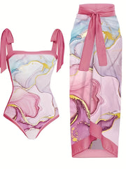 Marble Print Tie Shoulder Bodysuit & Knot Skirt Bathing Suit Set
