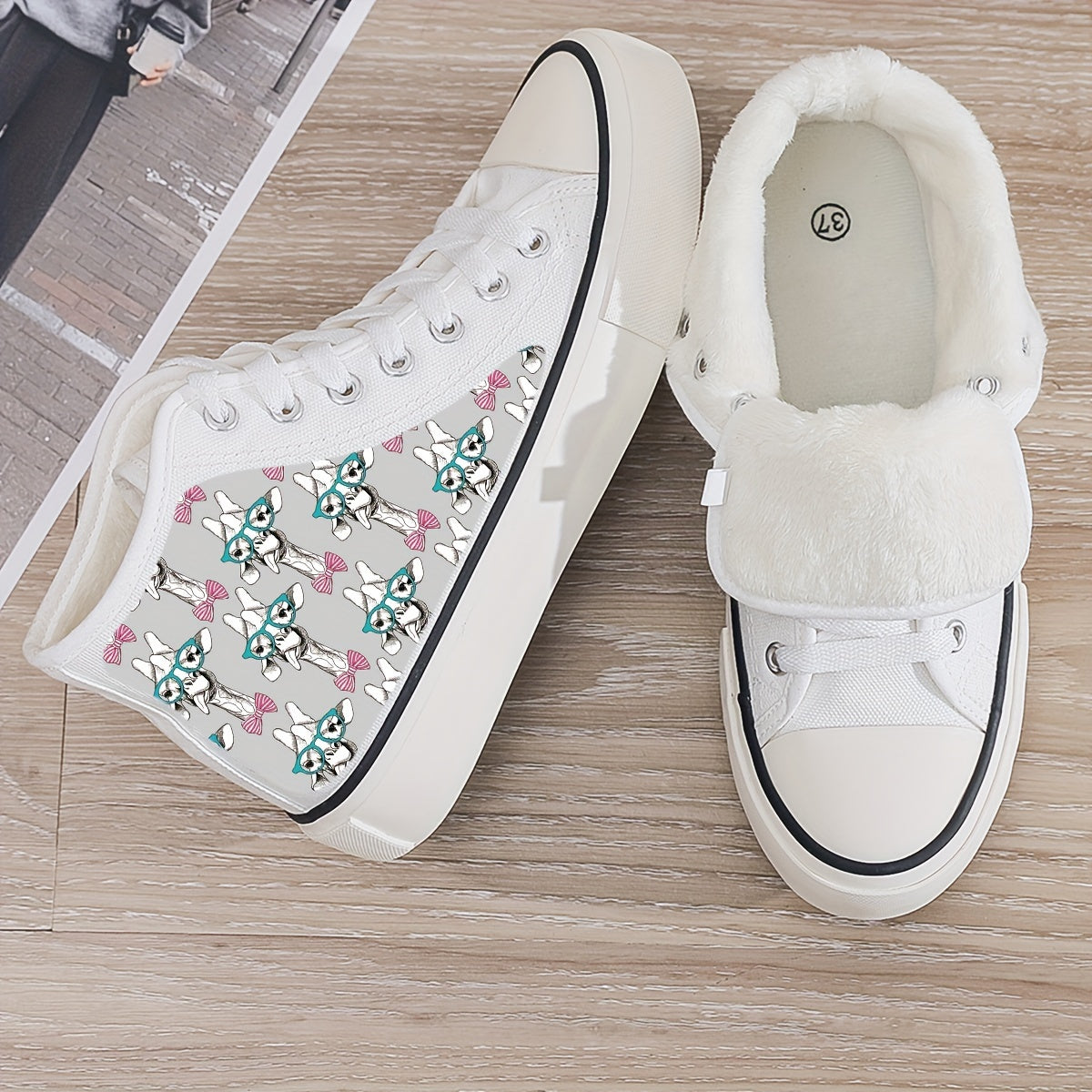 Giraffe Print Plush Lined Thermal Chunky Canvas Sneakers