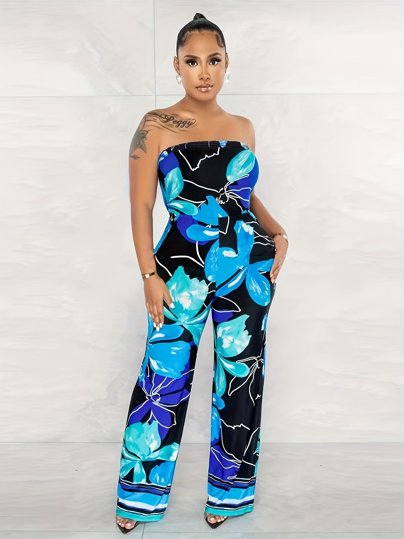 Tropical Floral Print Tube Jumpsuit Off Shoulder Summer Wide Leg Jumpsuit