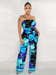 Tropical Floral Print Tube Jumpsuit Off Shoulder Summer Wide Leg Jumpsuit