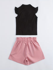 2pcs Toddler Girls Ribbed Knit Top & Shorts Set