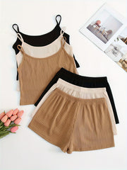 Ribbed Pajama Set Crew Neck Cami Top & Shorts Women's Loungewear