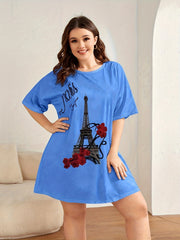 Floral & Tower Print Short Sleeve Round Neck Tee Sleep Dress