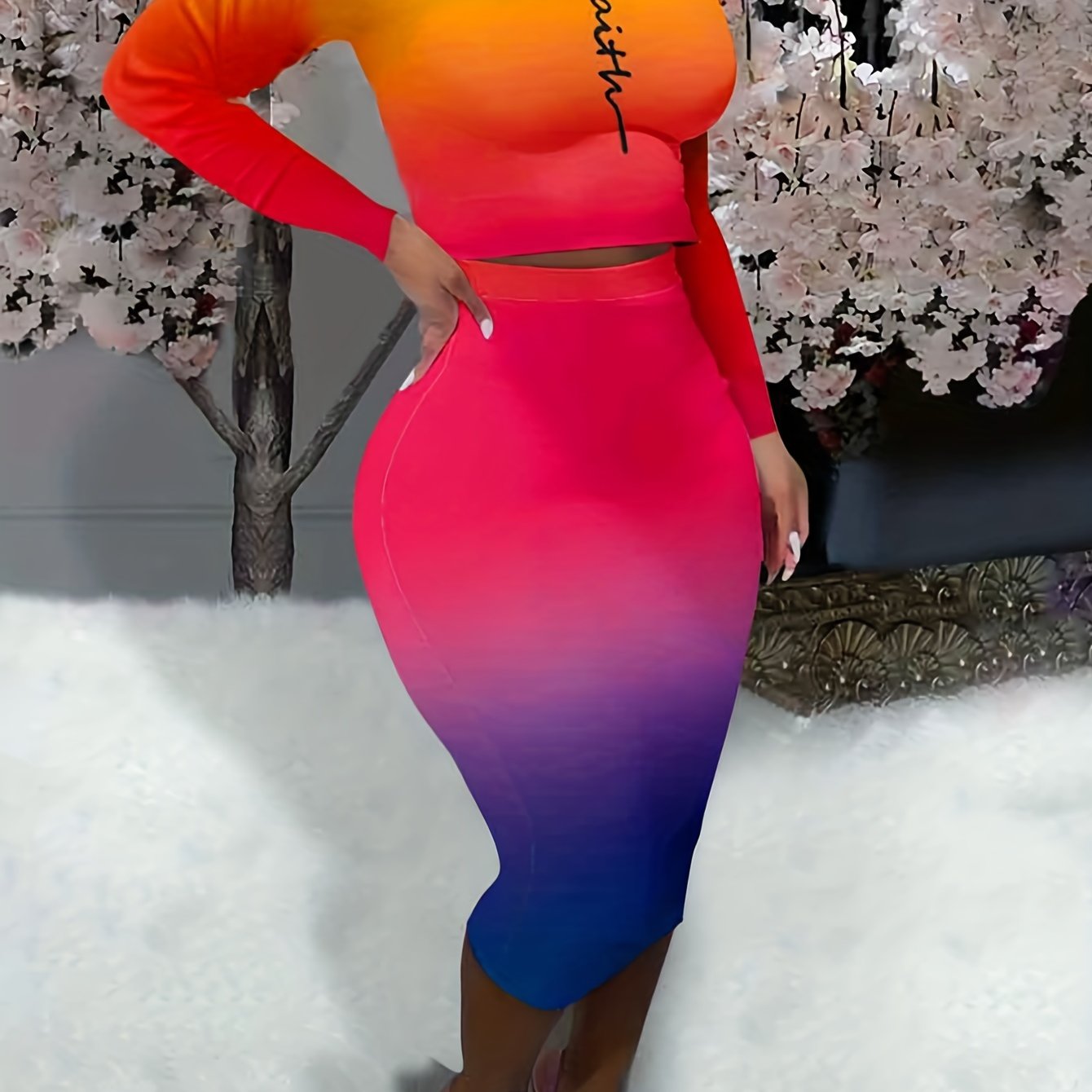 Ombre & Cross Print Crop Top & Bodycon Skirt Set