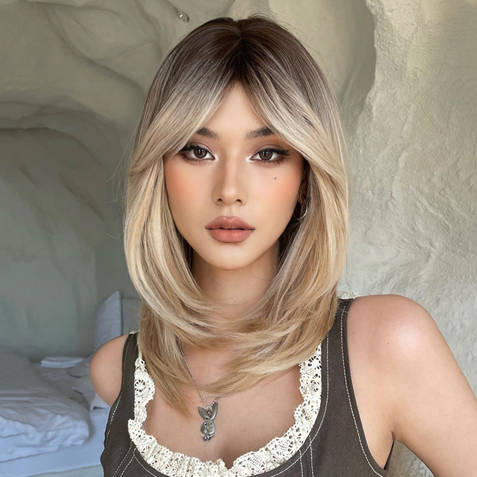 Natural Ombre Bob Wig 18 inch Layered Blonde Straight Hair