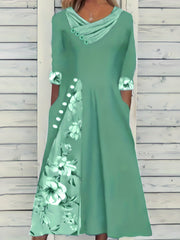 Colorblock Floral Print Half Sleeve Dress with Pockets