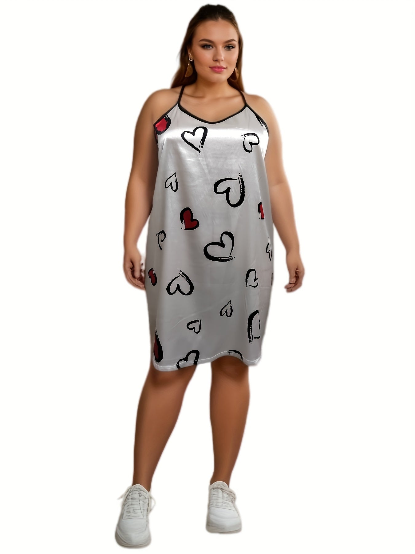 Heart Print Satin Cami Sleep Dress
