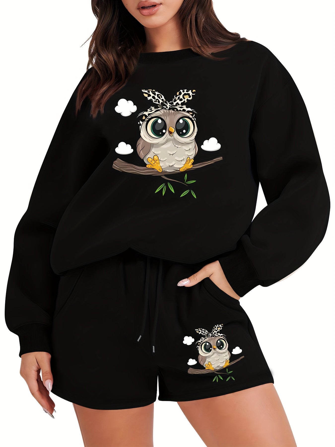 Women's Plus Owl Print Sweatshirt & Shorts Set