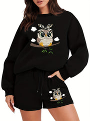 Women's Plus Owl Print Sweatshirt & Shorts Set