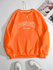 Boston Letter Print Crew Neck Sweatshirt