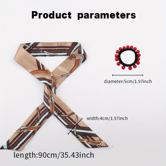 5pcs Set Skinny Scarf & Hair Tie Brown Ribbon Neckerchief Twilly Scarf