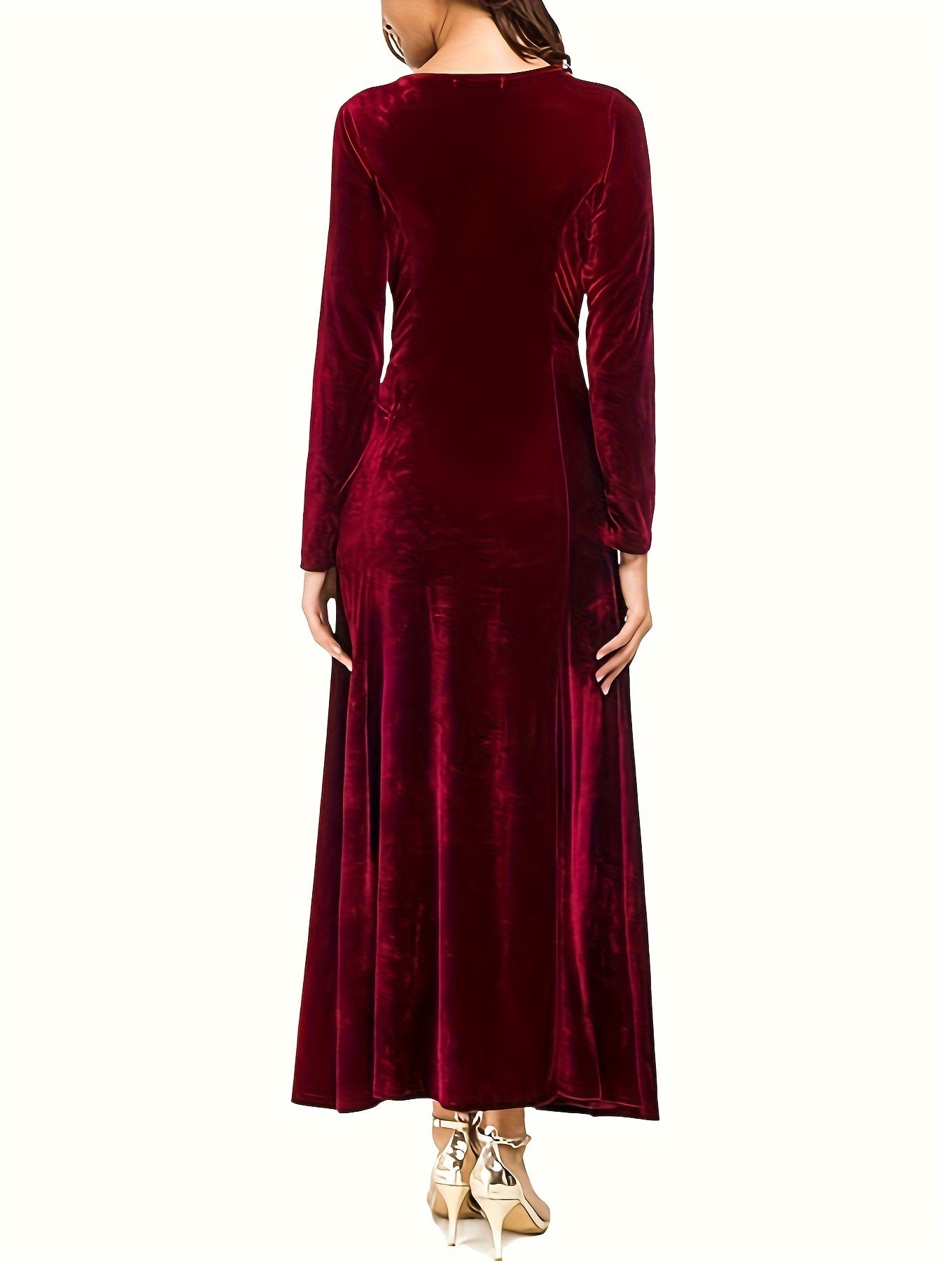 Solid Velvet Long Sleeve Round Neck Maxi Dress