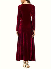 Solid Velvet Long Sleeve Round Neck Maxi Dress