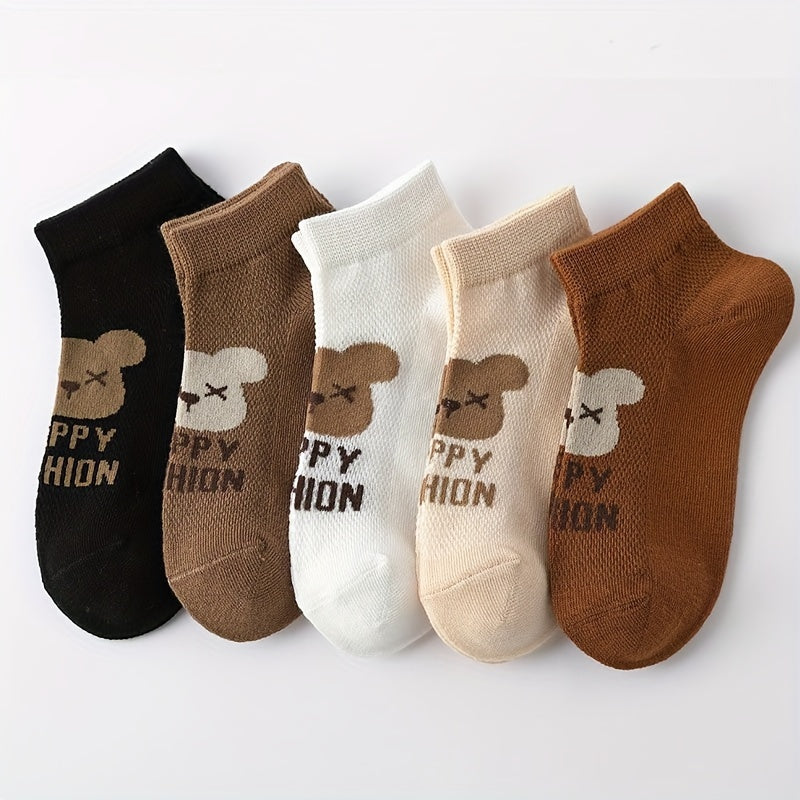 5 Pairs Kids Socks for Spring/Autumn - Girls Cartoon Bear Short Socks