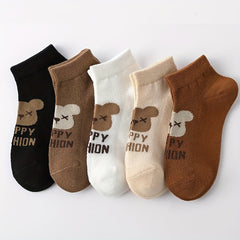 5 Pairs Kids Socks for Spring/Autumn - Girls Cartoon Bear Short Socks